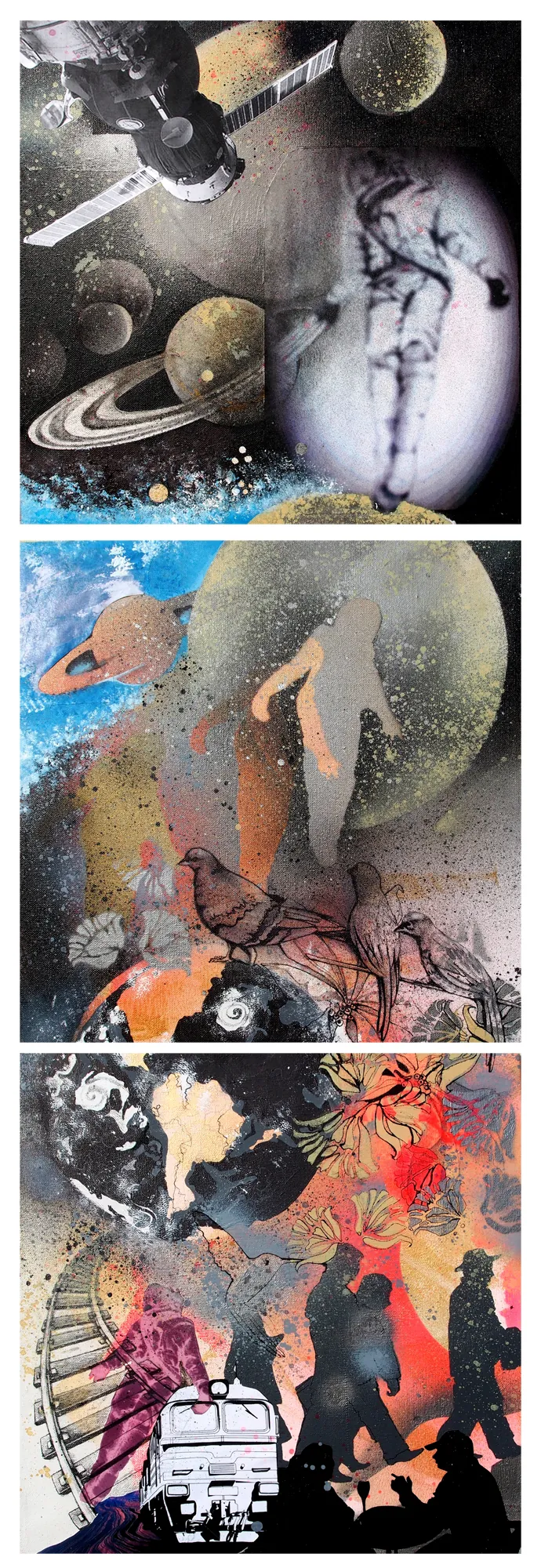 Triptych of three square canvases with a space station, planets and figures in spray paint
