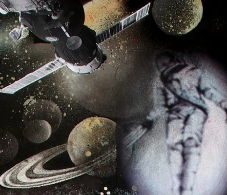 Detail of the top panel with a space station and Saturn