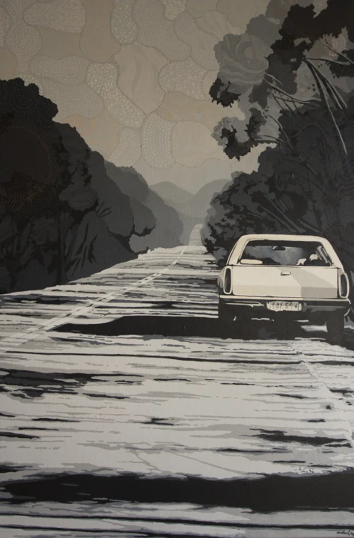 Black-and-white painting of a pickup truck on a forest road under a dot-patterned sky