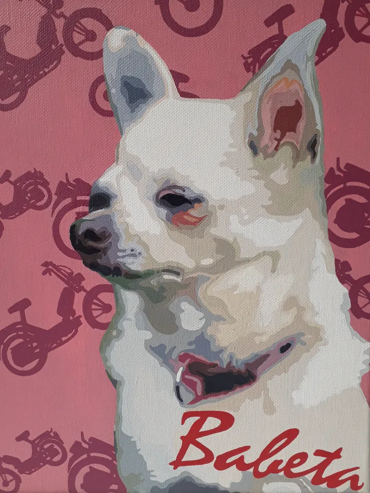 Pop-art acrylic portrait of a white chihuahua named Babeta on a pink background with a Babetta moped pattern