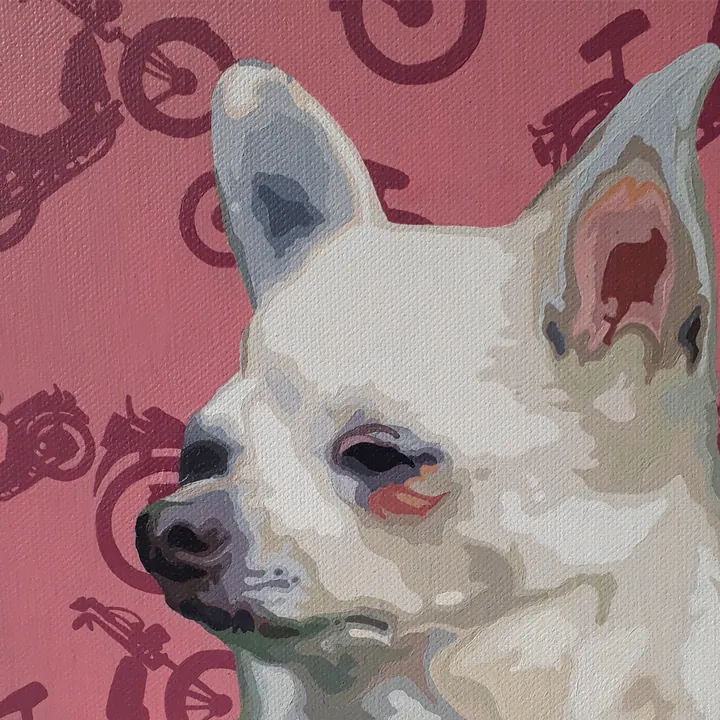 Close-up of the chihuahua Babeta in the pop-art painting