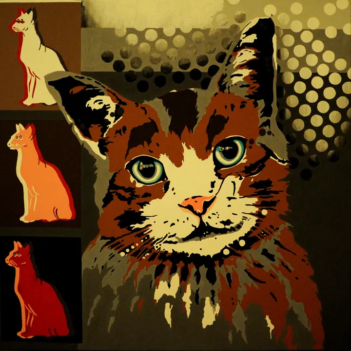 Tabby cat with green eyes on halftone dots beside three small cat silhouettes