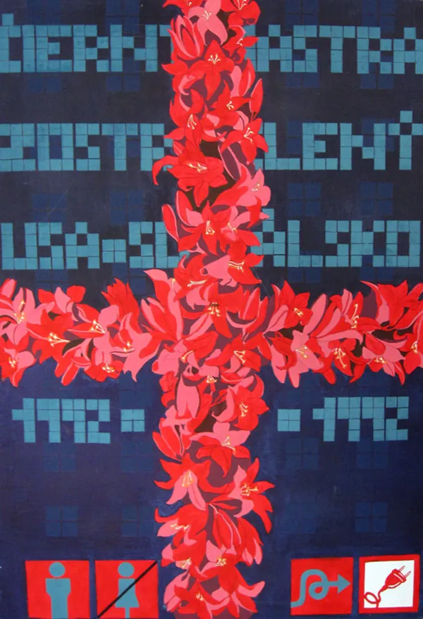 Cross of red flowers over a pixelated blue field with lettering and pictograms