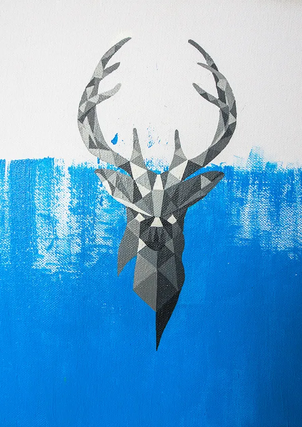 Grey geometric deer head above a band of blue paint on white canvas