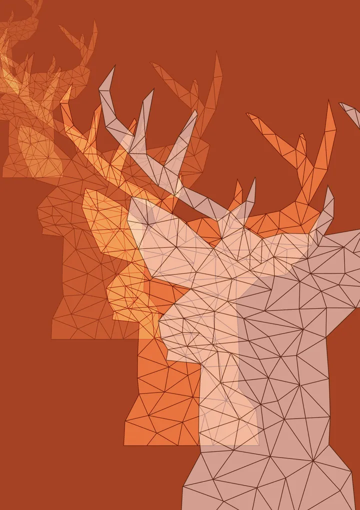 Layered orange low-poly deer heads on a rust background