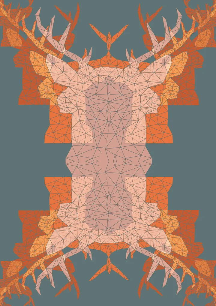 Mirrored orange deer heads forming a symmetrical pattern on grey-teal