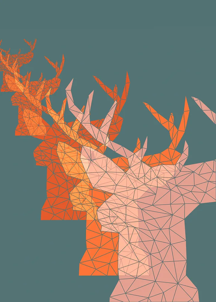 Layered orange deer heads on a grey-teal background