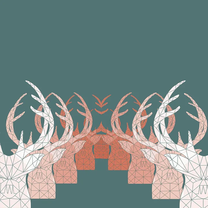 Row of mirrored white deer heads on grey-teal