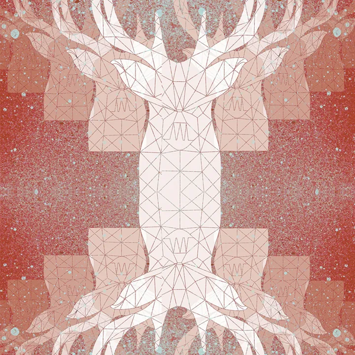 Symmetrical pattern of white deer heads on speckled red