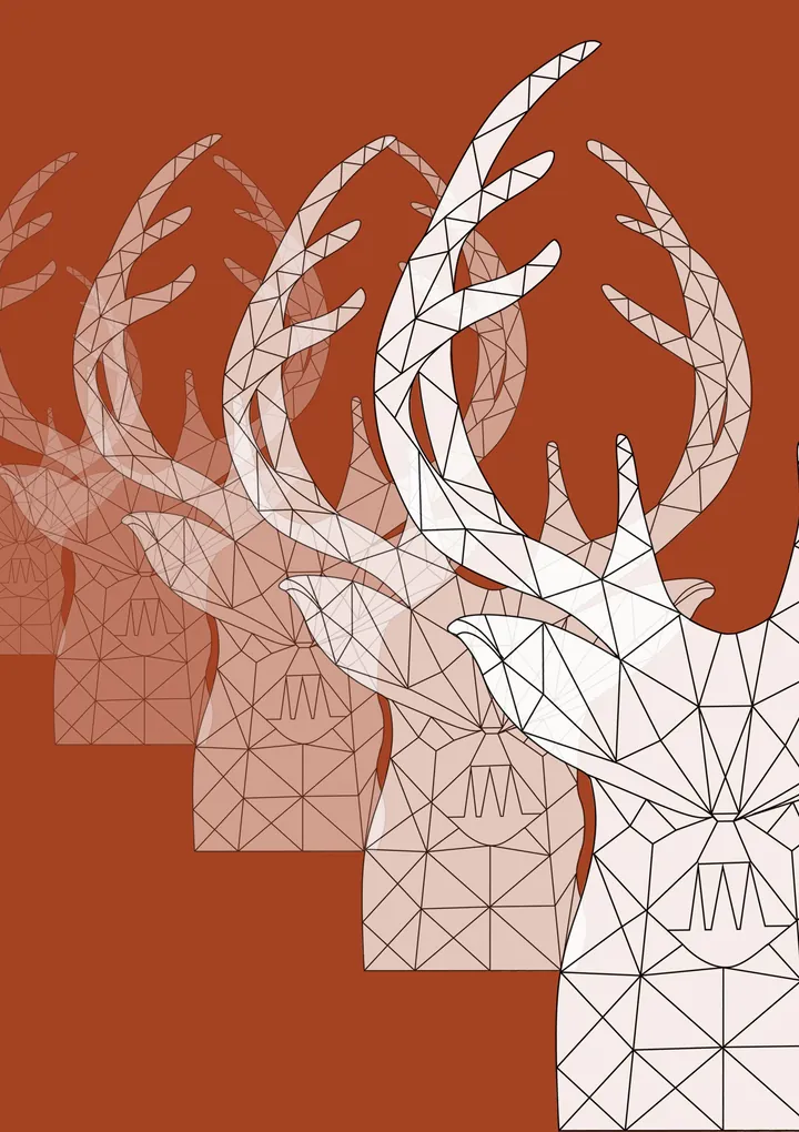 Repeated white geometric deer heads on rust