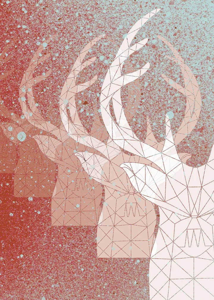 White deer heads on a speckled red and turquoise background