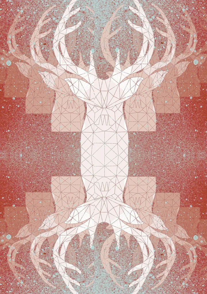 Mirrored white deer heads on a speckled red background