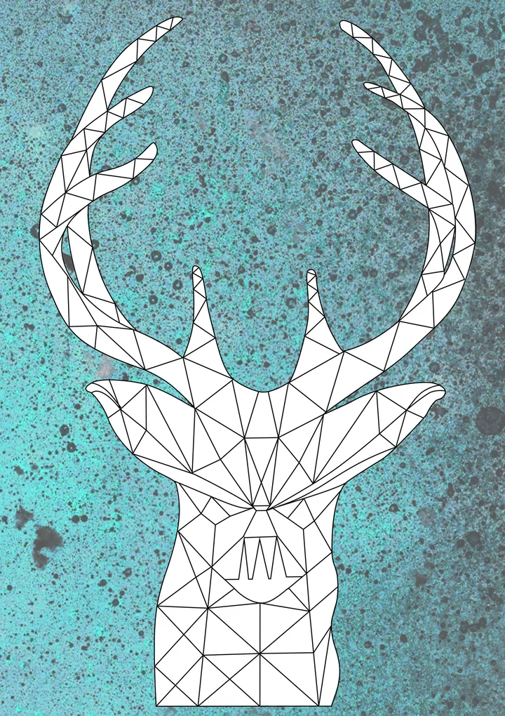 White low-poly deer head with large antlers on textured turquoise