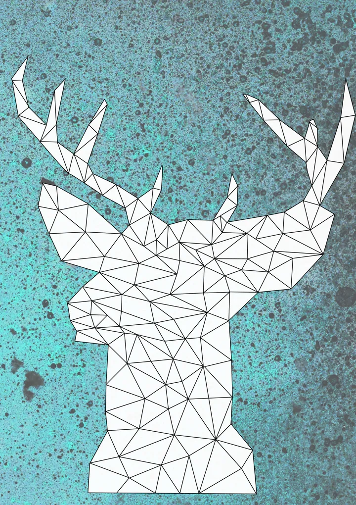 White low-poly deer head turned sideways on textured turquoise