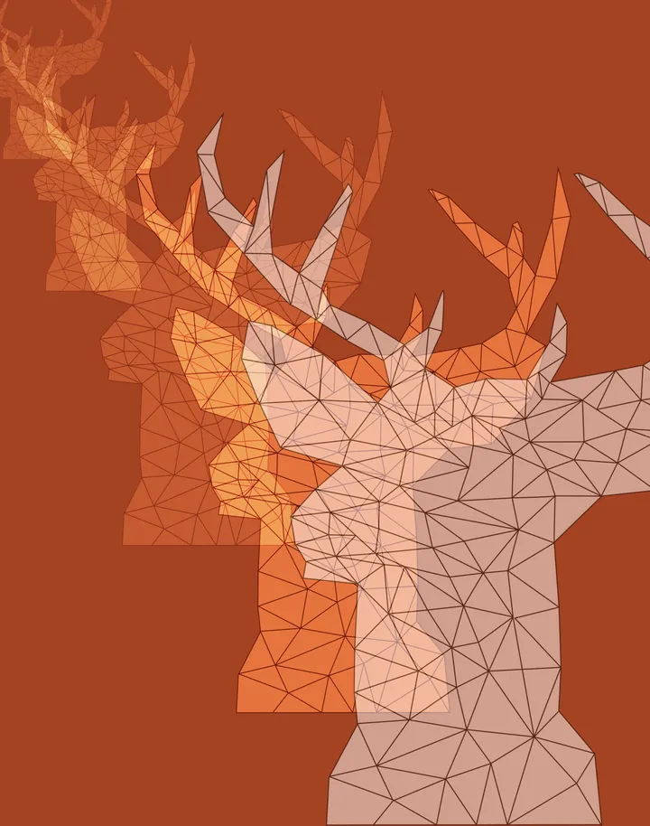 Orange and coral deer heads layered on a rust background