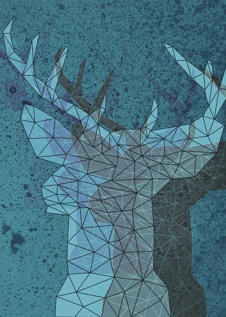 Blue low-poly deer heads on a dark speckled teal background