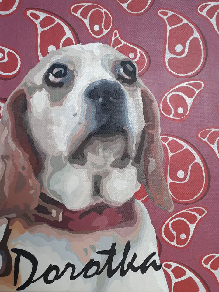 Pop-art acrylic portrait of a beagle named Dorotka on a red background with a meat-slice pattern