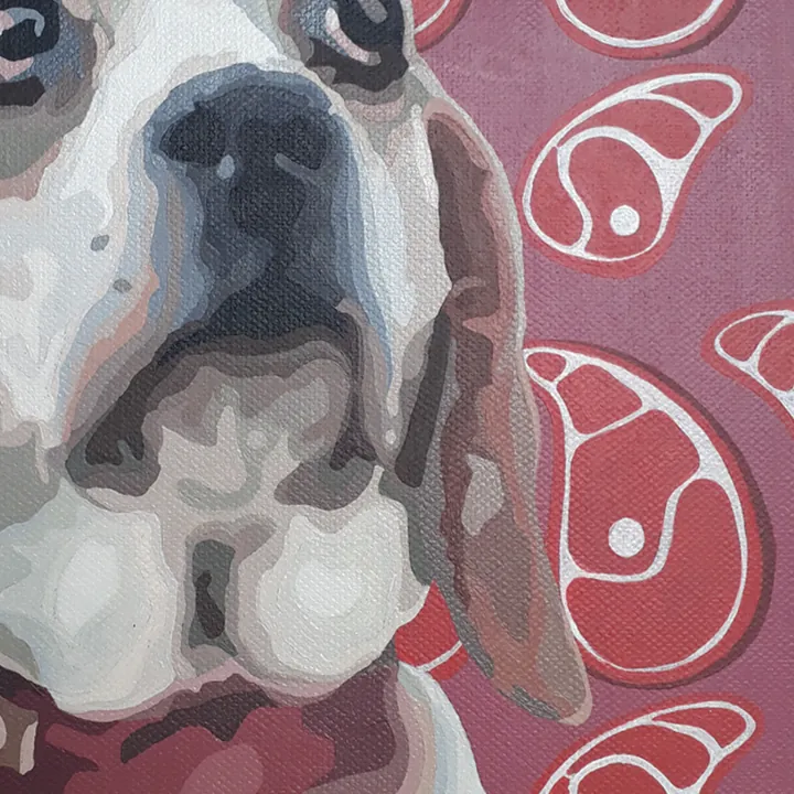Close-up of the beagle Dorotka's face in the pop-art painting