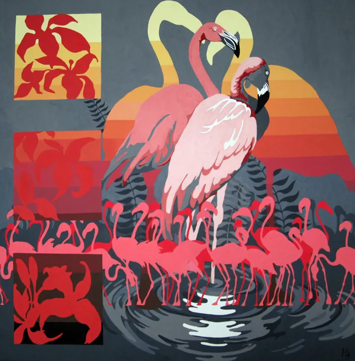 Two flamingos above a flock of pink flamingos in water, with a striped sunset