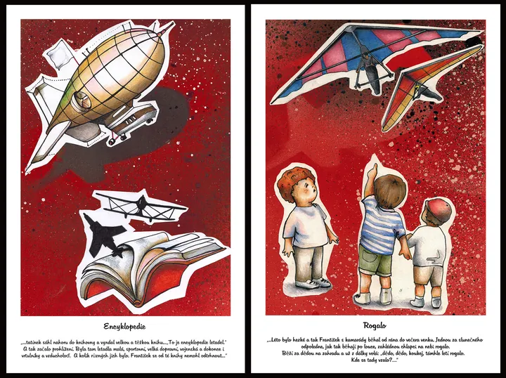 Book spread with an airship, aeroplanes and a hang glider above three boys on red backgrounds