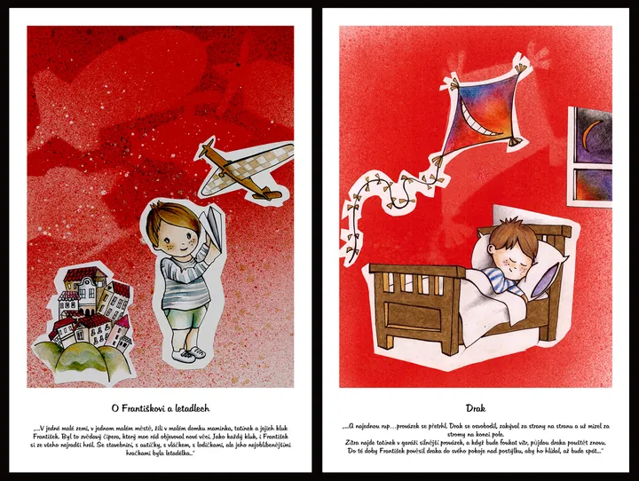 Book spread with a boy holding a toy plane and a boy asleep in bed dreaming of a kite