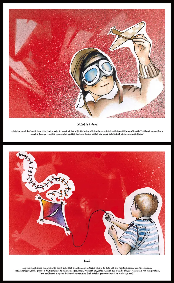Three book pages with paper planes, an armchair and an airliner on red backgrounds