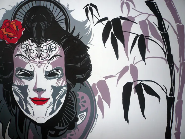 The whole painting with geisha and bamboo stems