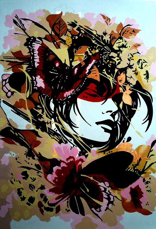 Woman's face with a red band over her eyes, surrounded by leaves and butterflies