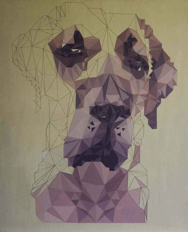 Low-poly geometric portrait of the dog Hašiko, painted facets over a line drawing on canvas