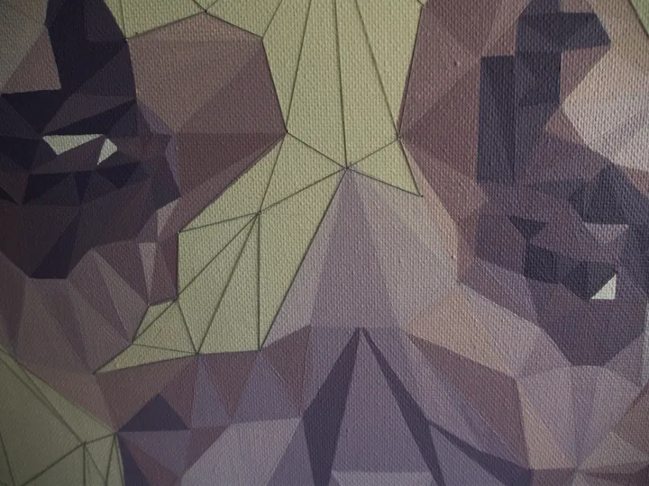 Detail of the dog's eyes and muzzle in geometric facets