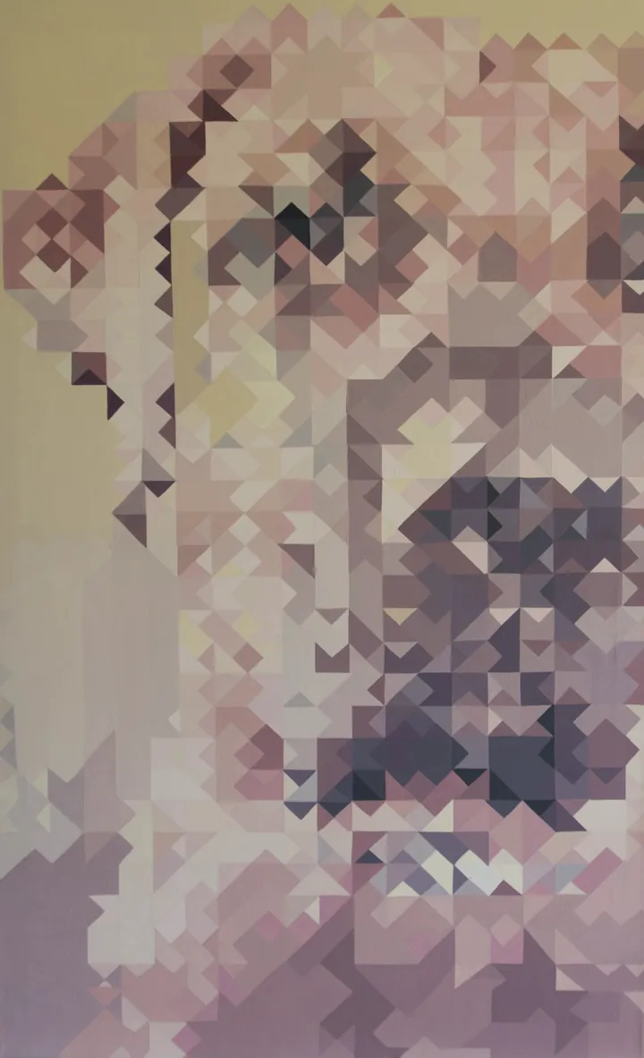 Portrait of the dog Hašiko painted as a mosaic of small triangles in beige and brown, acrylic on canvas