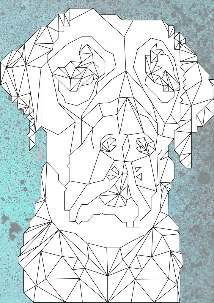 Low-poly line drawing of the dog Hašiko on a turquoise textured background