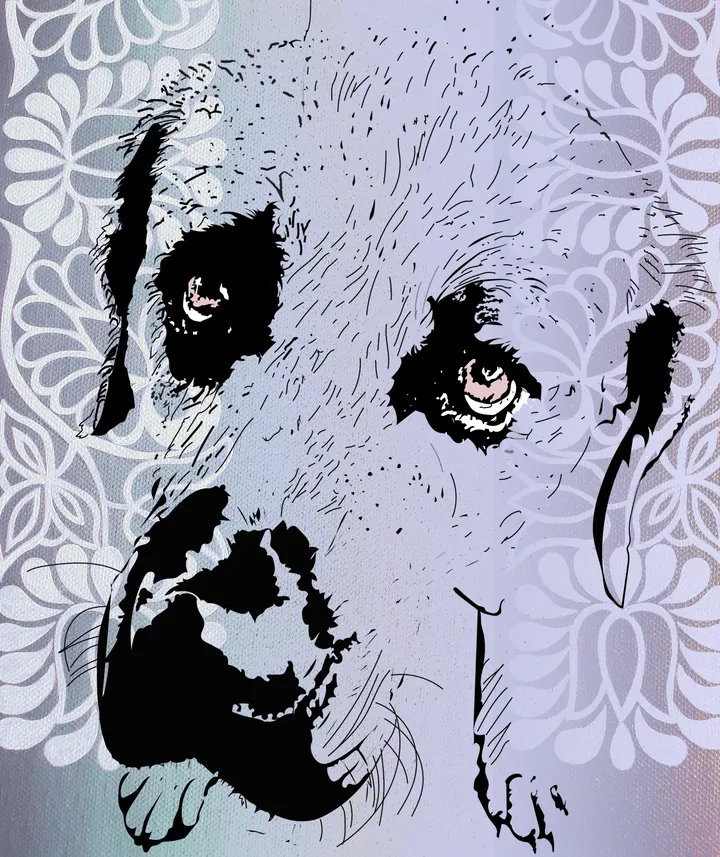 Black sketch of the dog's face over a pale Slavic folk pattern