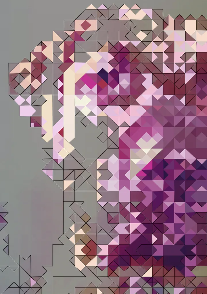 Triangle mosaic portrait of the dog in plum and pink on grey