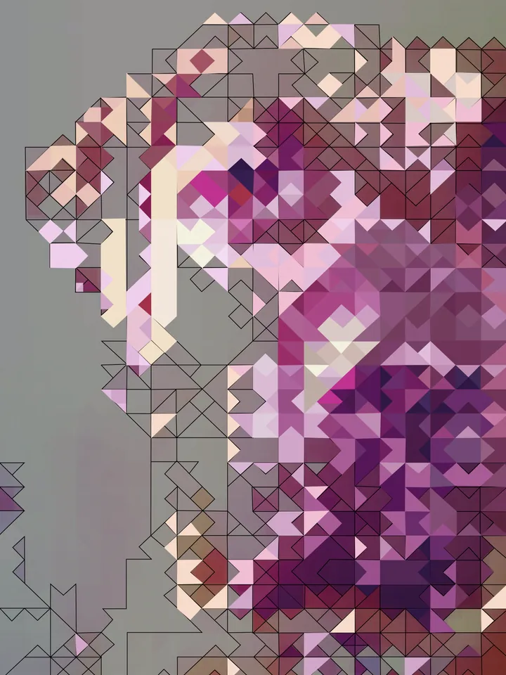 Triangle mosaic portrait of the dog with outlined triangles on grey