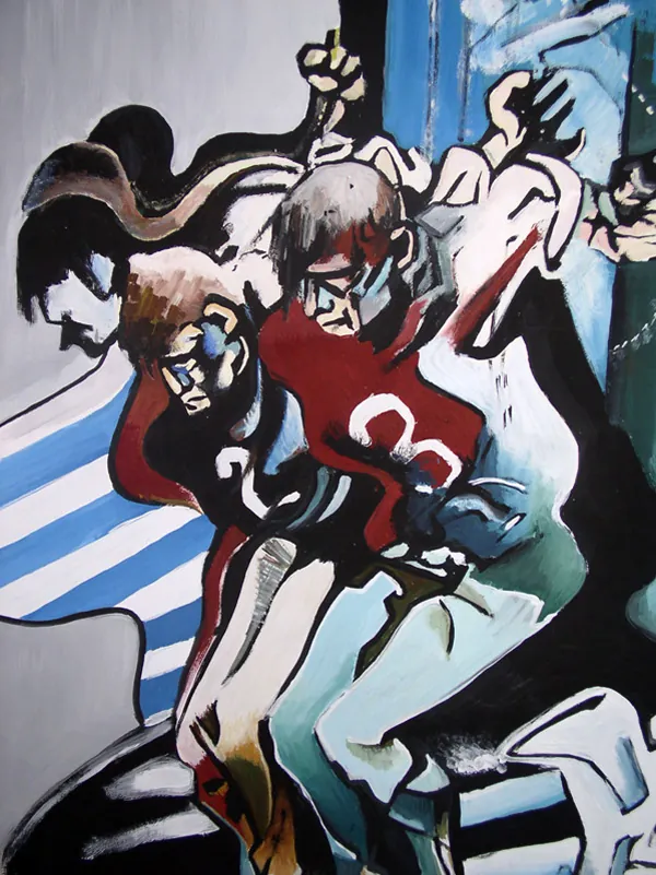 Expressive painting of jumping figures in red, black and blue