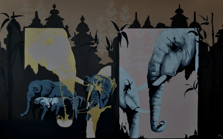 Wide painting of blue-grey elephants with gold ornaments under temple silhouettes