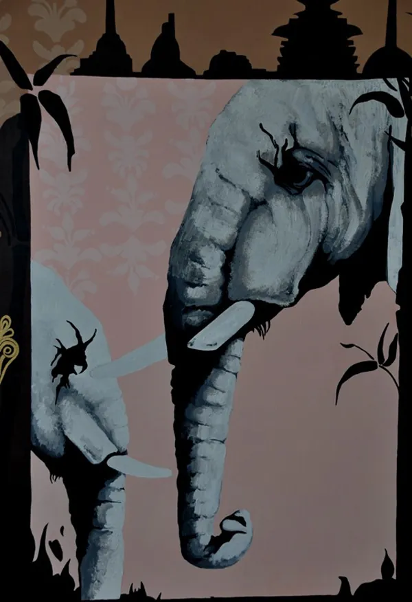 Detail of two grey elephants among palm leaves and temple towers