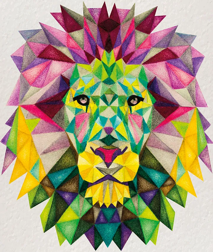 Geometric lion head in yellow, magenta, green and violet triangles