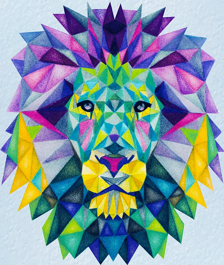 Colour variant of the lion head in blue, violet and yellow