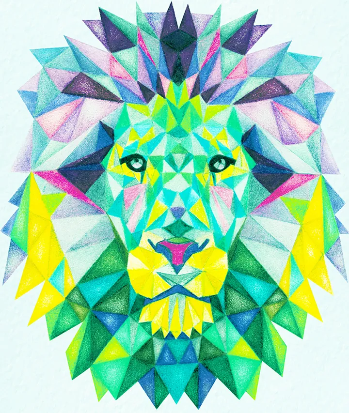 Colour variant of the lion head in turquoise, green and yellow