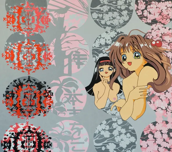 Manga-style painting of two anime girls, one of them nude, among cherry blossoms and Japanese characters