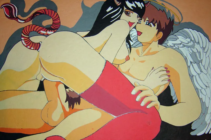Erotic manga-style painting of a nude angel and a devil girl embracing