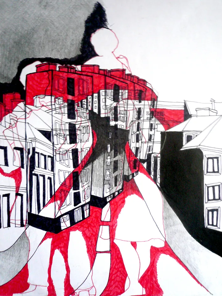Ink drawing of red and black housing blocks bending over a street