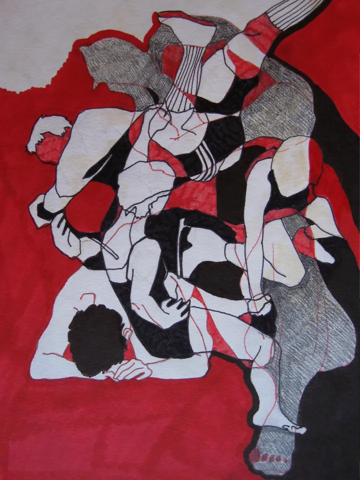 Tangled human figures in black, white and red