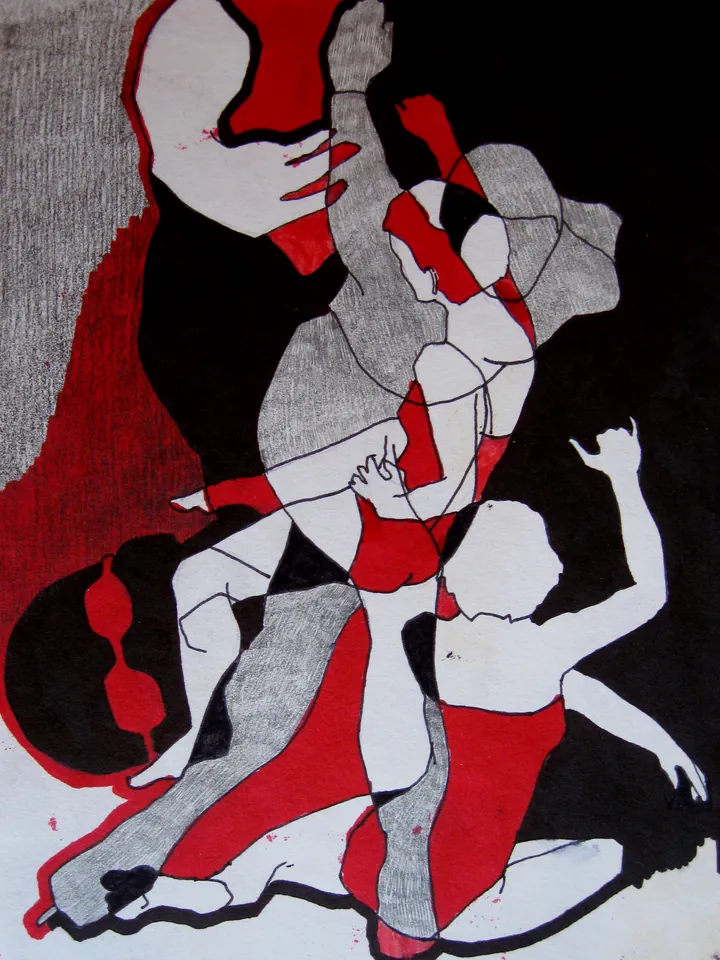 Dancing figures in red, black and grey on white paper