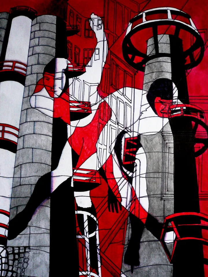 Figures among factory chimneys in black, white and red