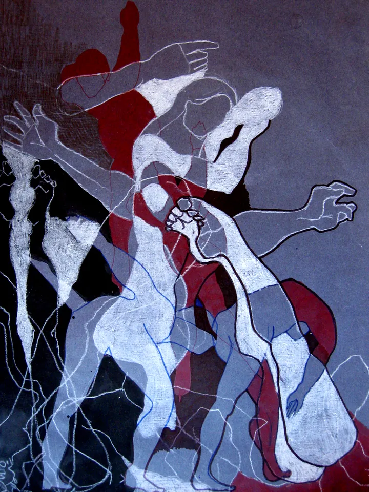 White line figures on a violet-grey background