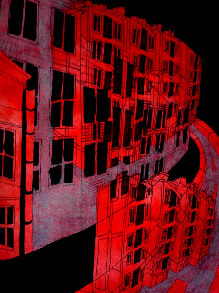 Curving rows of red-lit apartment windows