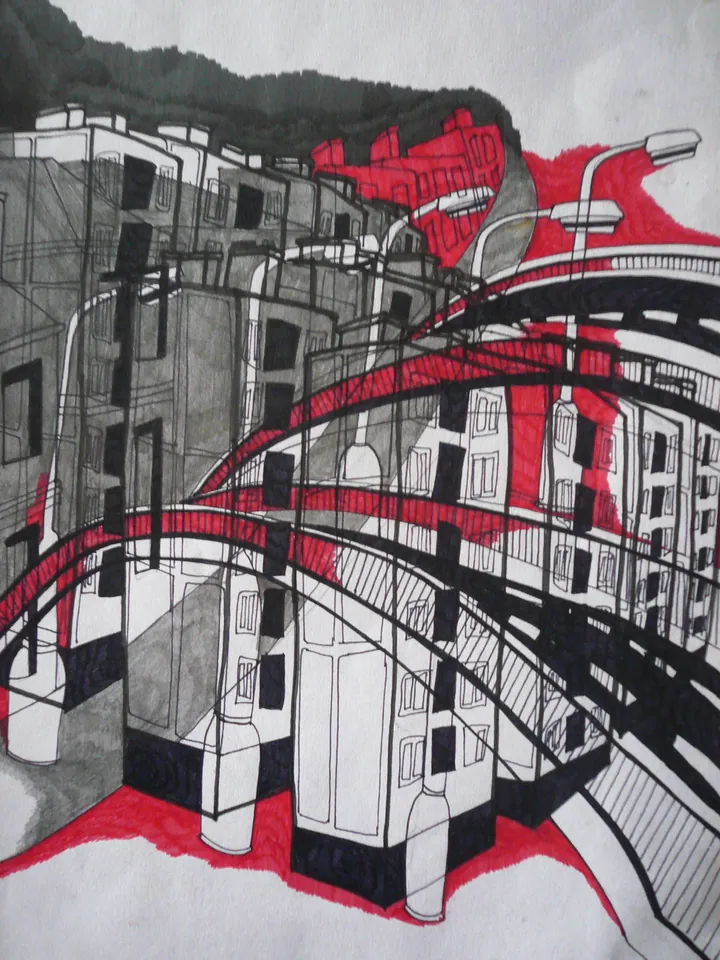 Ink drawing of housing blocks and curving roads with red accents